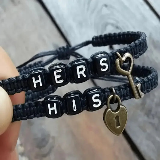 His & Hers Letter Key Lock Couples Bracelet.