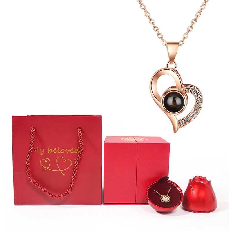 100 Languages I Love You Projection Necklace With Rose Gift Box.