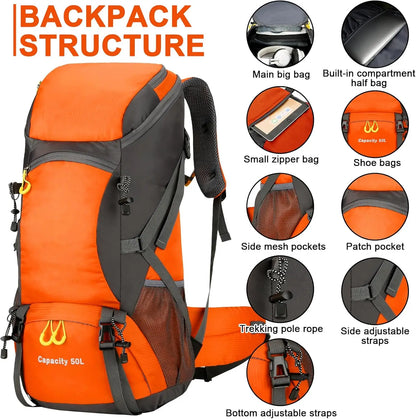 Hiking Backpack Waterproof 50L Lightweight Travel Backpack with Rain Cover for Camping