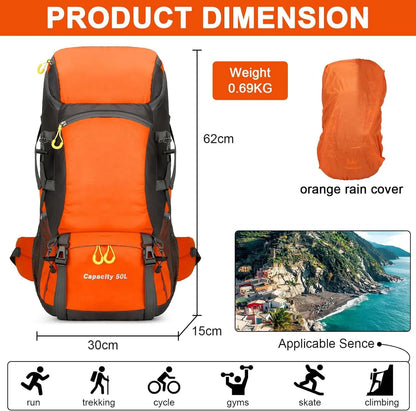 Hiking Backpack Waterproof 50L Lightweight Travel Backpack with Rain Cover for Camping